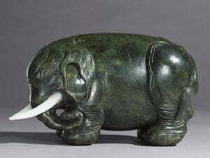 Spinach jade elephant, 17th/18th century, 24cm long. Ashmolean Museum, Presented by Mrs Fraser, in memory of her mother Mrs Margaret F. Jenkins, 1967