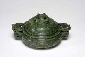Spinach jade incense burner and cover, Qing Dynasty,Qianlong Period, 18.5cm long. Fitzwilliam Museum, Frank McClean bequest, 1904.